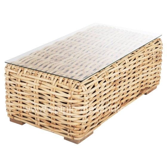 OUTDOOR COFFEE TABLE TROPEL HM9811 MANGO WOOD-NATURAL RATTAN-SAFETY GLASS 110x60x40Hcm.