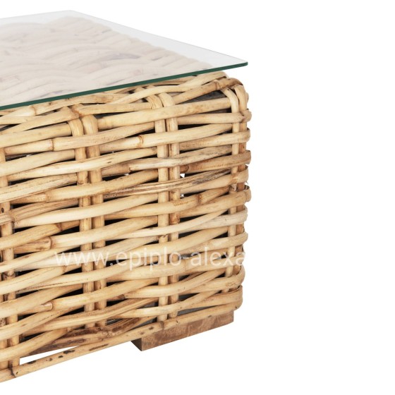OUTDOOR COFFEE TABLE TROPEL HM9811 MANGO WOOD-NATURAL RATTAN-SAFETY GLASS 110x60x40Hcm.
