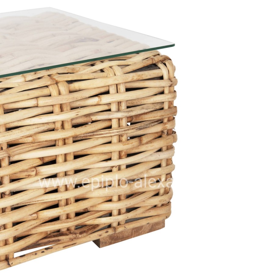 OUTDOOR COFFEE TABLE TROPEL HM9811 MANGO WOOD-NATURAL RATTAN-SAFETY GLASS 110x60x40Hcm.