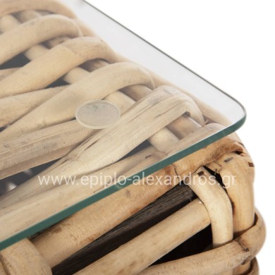 OUTDOOR COFFEE TABLE TROPEL HM9811 MANGO WOOD-NATURAL RATTAN-SAFETY GLASS 110x60x40Hcm.