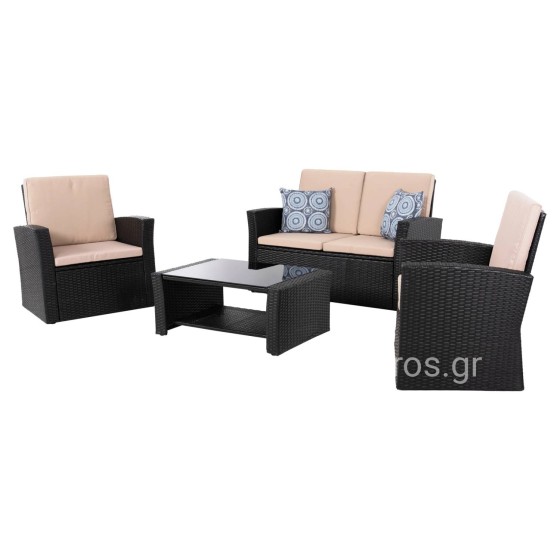 OUTDOOR LOUNGE 4PCS SET THORE HM5978 SYNTHETIC RATTAN IN BLACK-BEIGE CUSHIONS