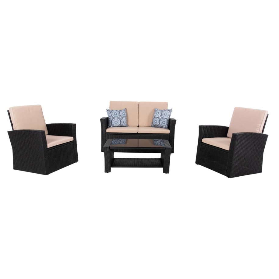 OUTDOOR LOUNGE 4PCS SET THORE HM5978 SYNTHETIC RATTAN IN BLACK-BEIGE CUSHIONS