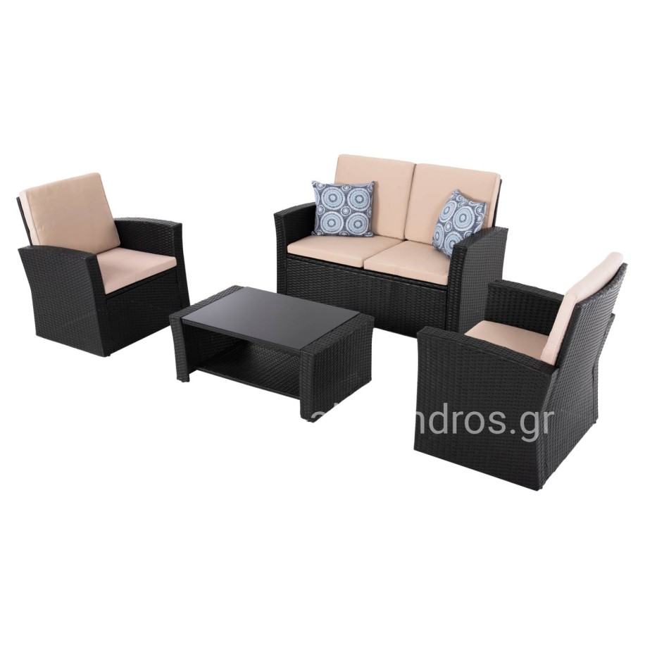 OUTDOOR LOUNGE 4PCS SET THORE HM5978 SYNTHETIC RATTAN IN BLACK-BEIGE CUSHIONS