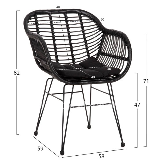 ARMCHAIR WITH SEAT CUSHION METAL FRAME ALLEGRA HM5450.32 BLACK RATTAN IN WICKER 58x59x82H