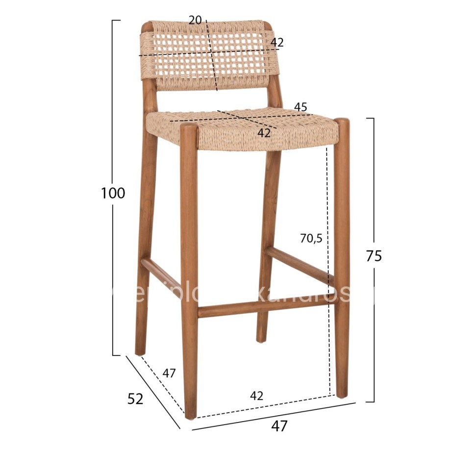 BAR STOOL ROSCO HM6134 TEAK WOOD IN NATURAL-VIRO ROPE IN BEIGE 47x52x100Hcm.