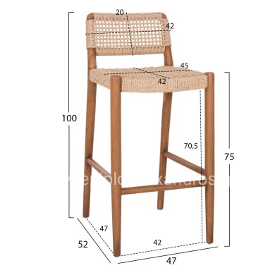 BAR STOOL ROSCO HM6134 TEAK WOOD IN NATURAL-VIRO ROPE IN BEIGE 47x52x100Hcm.