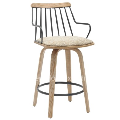 BAR STOOL JUDI HM9985.01 PLYWOOD IN WHITEWASH-BLACK METAL-BEIGE FABRIC 48x52x92Hcm.