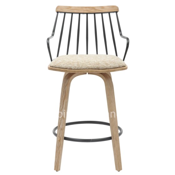 BAR STOOL JUDI HM9985.01 PLYWOOD IN WHITEWASH-BLACK METAL-BEIGE FABRIC 48x52x92Hcm.