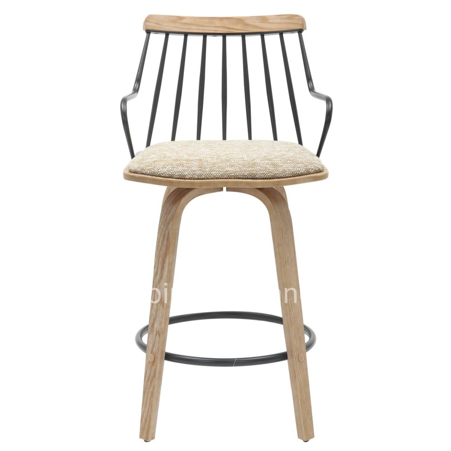 BAR STOOL JUDI HM9985.01 PLYWOOD IN WHITEWASH-BLACK METAL-BEIGE FABRIC 48x52x92Hcm.