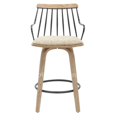 BAR STOOL JUDI HM9985.01 PLYWOOD IN WHITEWASH-BLACK METAL-BEIGE FABRIC 48x52x92Hcm.