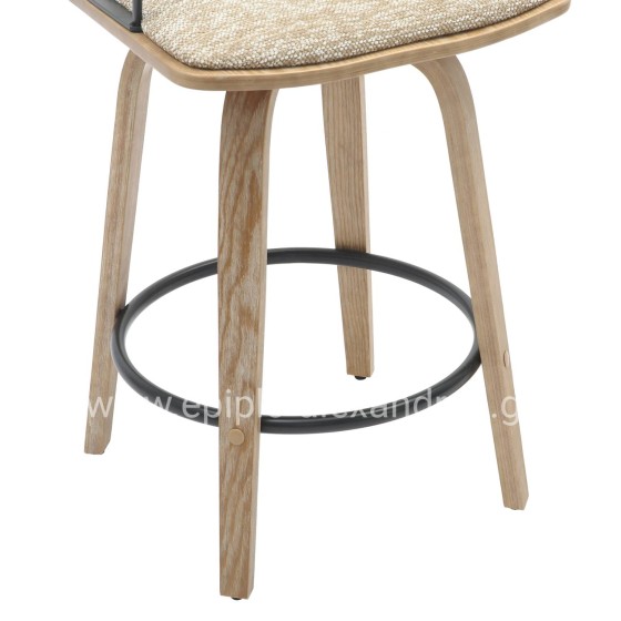 BAR STOOL JUDI HM9985.01 PLYWOOD IN WHITEWASH-BLACK METAL-BEIGE FABRIC 48x52x92Hcm.
