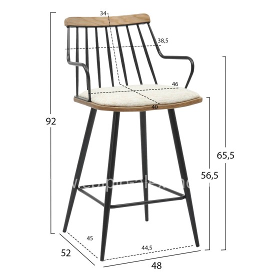 BAR STOOL MED.HEIGHT JUDI HM9985.02 BLACK METAL-ECRU FABRIC 48x52x92Hcm.