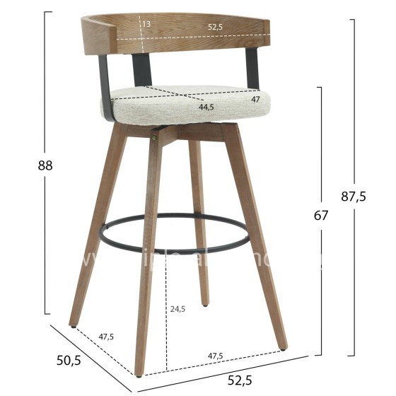 BAR STOOL MEDIUM HEIGHT SWIVEL LANI HM9988.01 BEECH WOOD LEGS-PLYWOOD BACK-ECRU FABRIC SEAT 55x55x97Hcm.