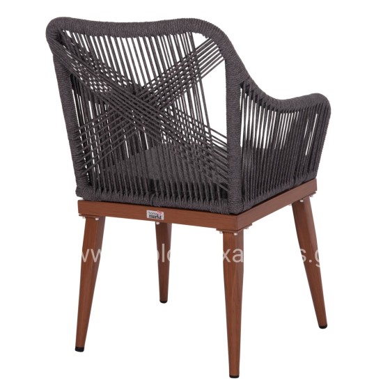 ALUMINUM ARMCHAIR MYRTIA HM5549.11 GREY ROPE - WALNUT COLORED LEGS 60x64x88Hcm