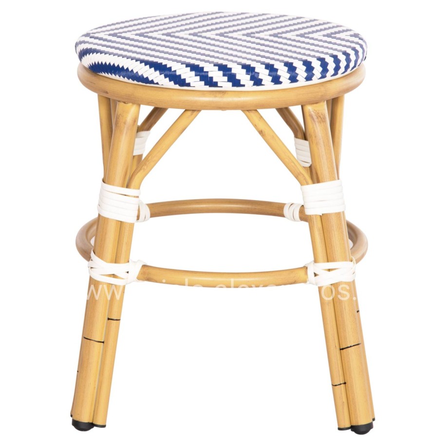 ALUMINUM ROUND STOOL CHINO HM6285.05 BAMBOO LOOK-TEXTILENE WHITE & BLUE Φ36x46Hcm.