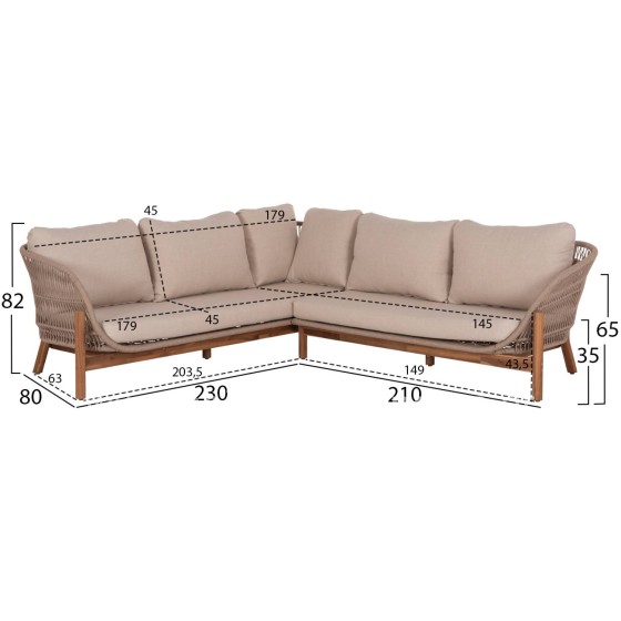 OUTDOOR LOUNGE CORNER 3PCS SET SANJI HM6223 ACACIA WOOD-ALUMINUM FRAME-ROPE