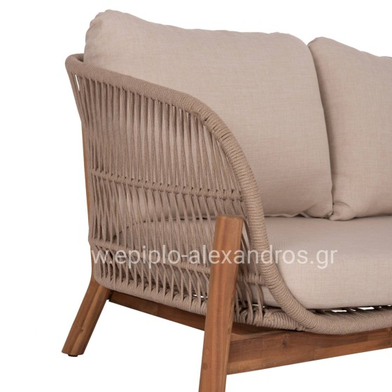 OUTDOOR LOUNGE CORNER 3PCS SET SANJI HM6223 ACACIA WOOD-ALUMINUM FRAME-ROPE