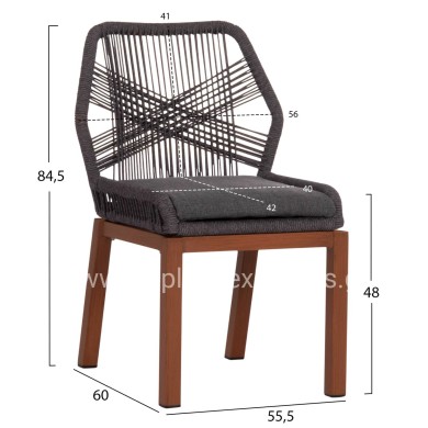 ALUMINUM DINING CHAIR HOWARD HM5547.11 BROWN COLOR--ROPE & CUSHION IN DARK GREY 55.5x60x84.5Hcm.
