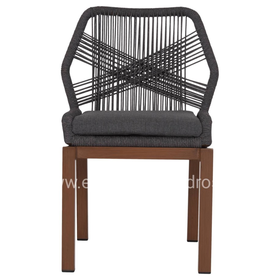 ALUMINUM DINING CHAIR HOWARD HM5547.11 BROWN COLOR--ROPE & CUSHION IN DARK GREY 55.5x60x84.5Hcm.