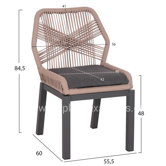 ALUMINUM DINING CHAIR HOWARD HM5547.12 DARK GREY FRAME--ROPE BEIGE & CUSHION IN DARK GREY 55.5x60x84.5Hcm.