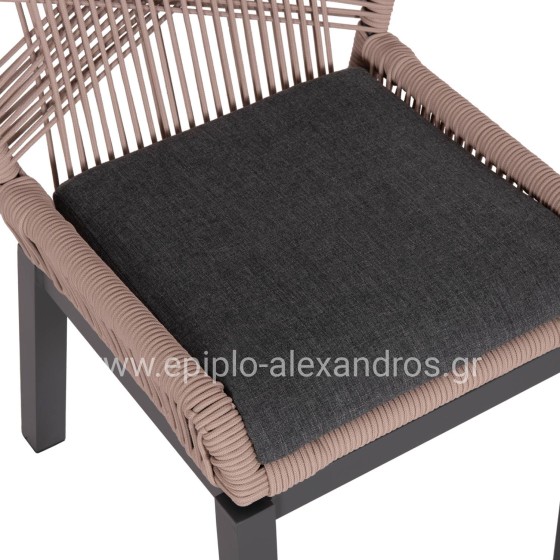 ALUMINUM DINING CHAIR HOWARD HM5547.12 DARK GREY FRAME--ROPE BEIGE & CUSHION IN DARK GREY 55.5x60x84.5Hcm.