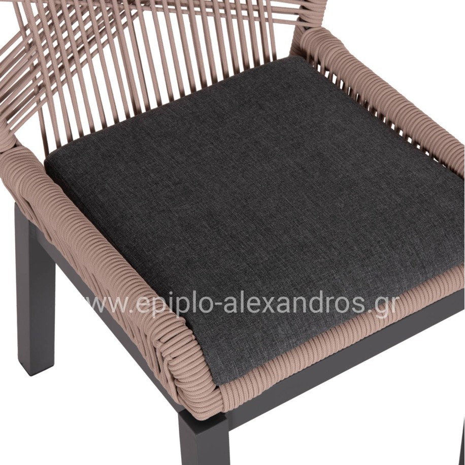 ALUMINUM DINING CHAIR HOWARD HM5547.12 DARK GREY FRAME--ROPE BEIGE & CUSHION IN DARK GREY 55.5x60x84.5Hcm.
