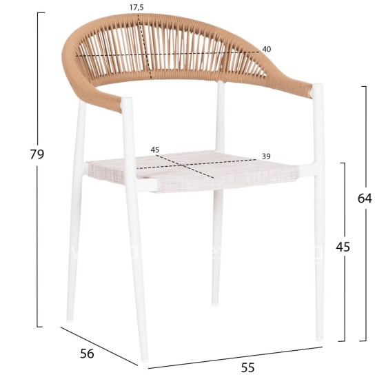 OUTDOOR DINING CHAIR BERG HM6284.01 ALUMINUM & TEXTILENE IN WHITE--P.E.TWISTED RATTAN 55x56x79Hcm.