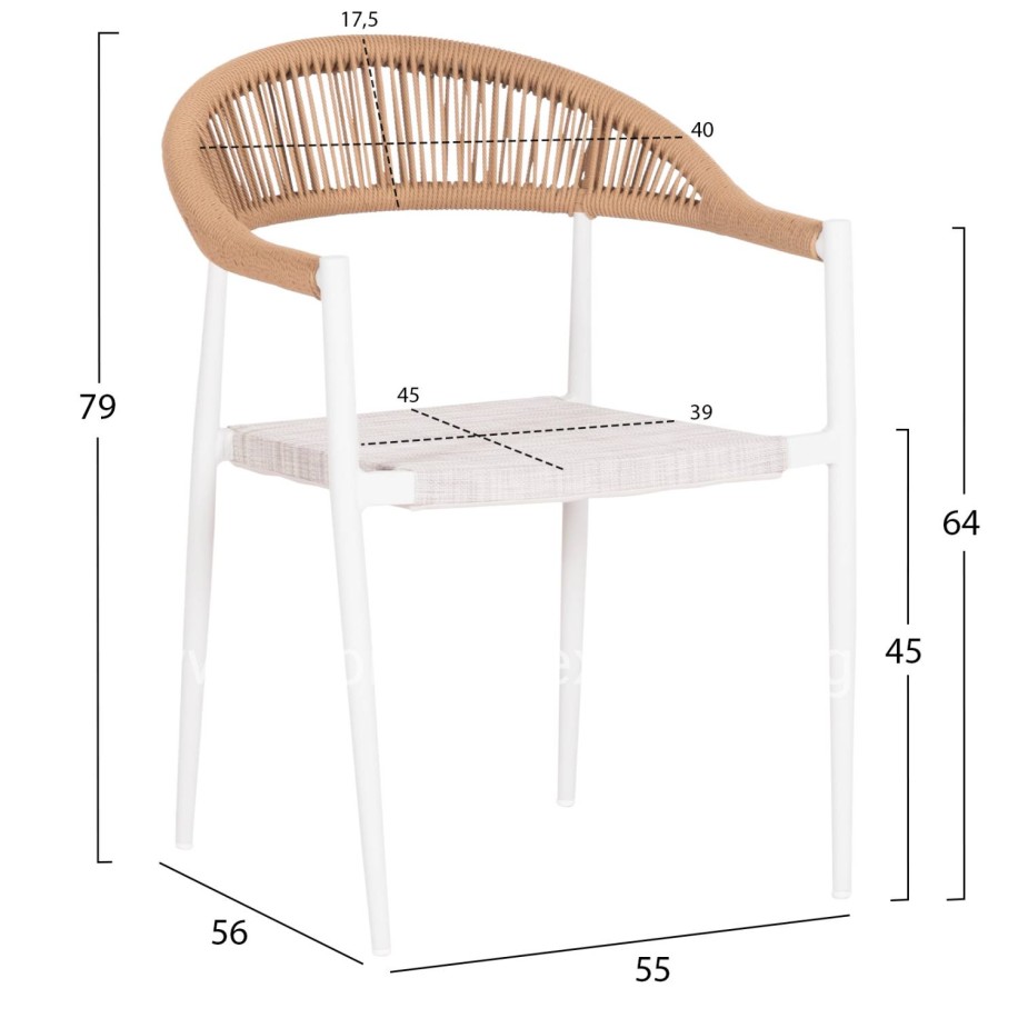 OUTDOOR DINING CHAIR BERG HM6284.01 ALUMINUM & TEXTILENE IN WHITE--P.E.TWISTED RATTAN 55x56x79Hcm.