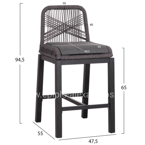 BAR STOOL MEDIUM HEIGHT HOWARD HM5791.23 ALUMINUM IN BLACK--DARK GREY ROPE 47.5x55x94.5Hcm.