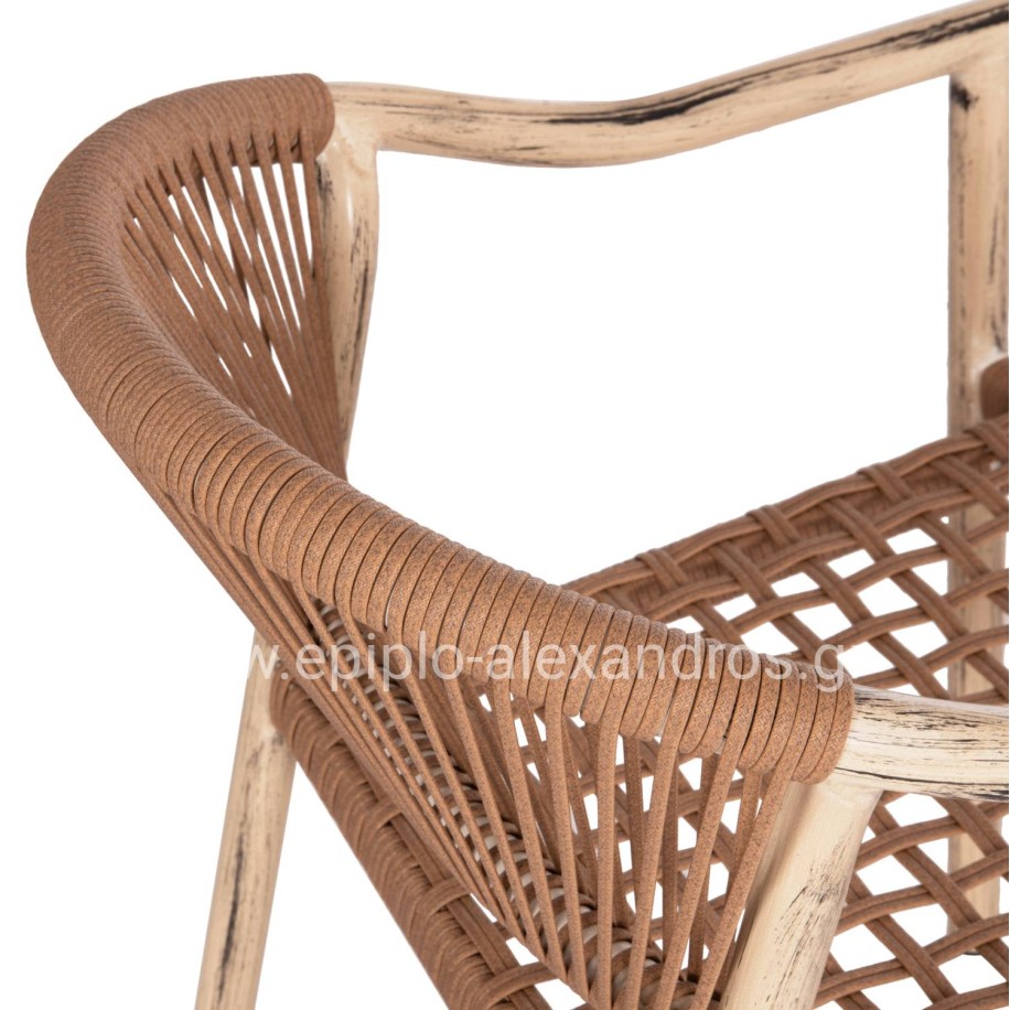 DINING ARMCHAIR KERLY HM6050.01 ALUMINUM IN OAK LOOK--P.E.RATTAN IN COPPER COLOR 54x58.5x76Hcm