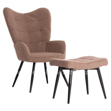 ARMCHAIR WITH FOOTSTOOL CRAWLEY HM8918.26 BROWN BOUCLE FABRIC-BLACK METAL LEGS 69x73x96Hcm.
