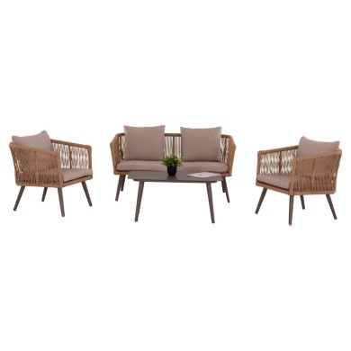 OUTDOOR LOUNGE 4PCS SET FREJA HM6057.04 ALUMINUM IN CAPPUCCINO-PE RATTAN & CUSHIONS IN BEIGE