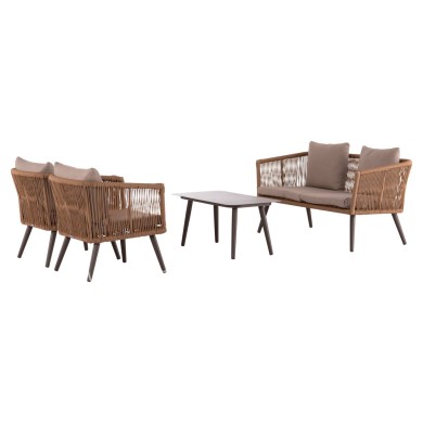 OUTDOOR LOUNGE 4PCS SET FREJA HM6057.04 ALUMINUM IN CAPPUCCINO-PE RATTAN & CUSHIONS IN BEIGE