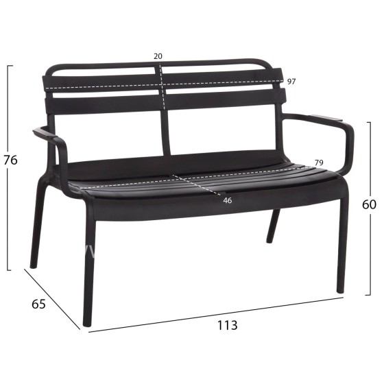 POLYPROPYLENE 2-SEATER BENCH KORVER HM6332.02 BLACK 113x65x76Hcm.