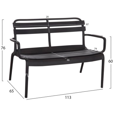 POLYPROPYLENE 2-SEATER BENCH KORVER HM6332.02 BLACK 113x65x76Hcm.