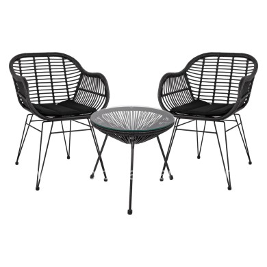 OUTDOOR LOUNGE SET HM11871 3PCS METAL & RATTAN IN BLACK COLOR