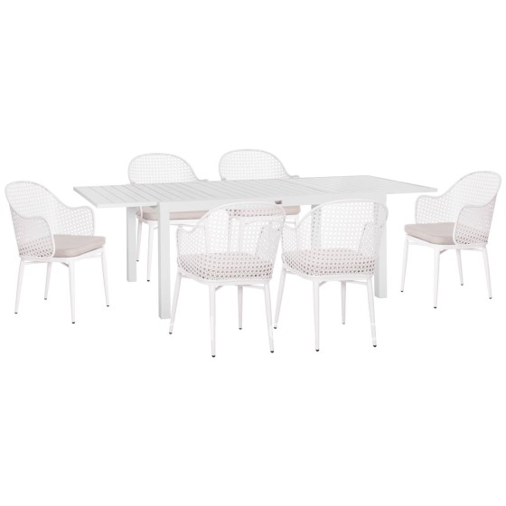OUTDOOR DINING SET KRUM HM21147 DINING TABLE WITH 6 ARMCHAIRS--WHITE ALUMINUM