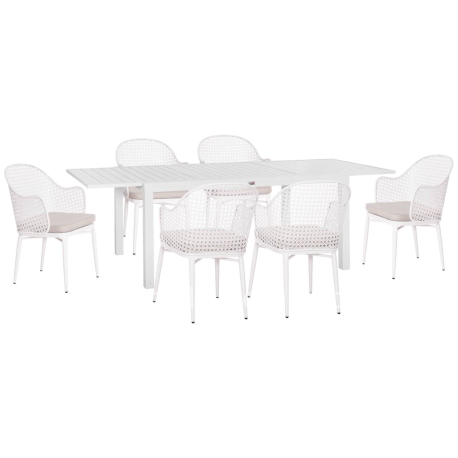 OUTDOOR DINING SET KRUM HM21147 DINING TABLE WITH 6 ARMCHAIRS--WHITE ALUMINUM