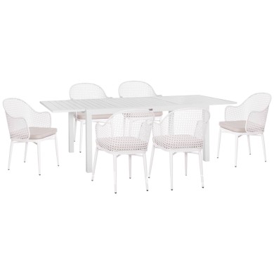 OUTDOOR DINING SET KRUM HM21147 DINING TABLE WITH 6 ARMCHAIRS--WHITE ALUMINUM