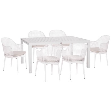 OUTDOOR DINING SET KRUM HM21147 DINING TABLE WITH 6 ARMCHAIRS--WHITE ALUMINUM