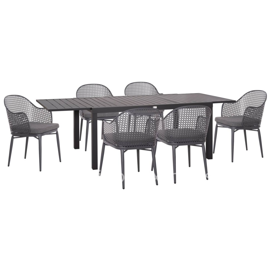 OUTDOOR DINING SET KRUM HM21154 DINING TABLE WITH 6 ARMCHAIRS--DARK GREY ALUMINUM