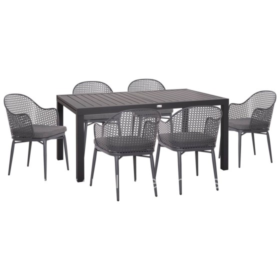 OUTDOOR DINING SET KRUM HM21154 DINING TABLE WITH 6 ARMCHAIRS--DARK GREY ALUMINUM