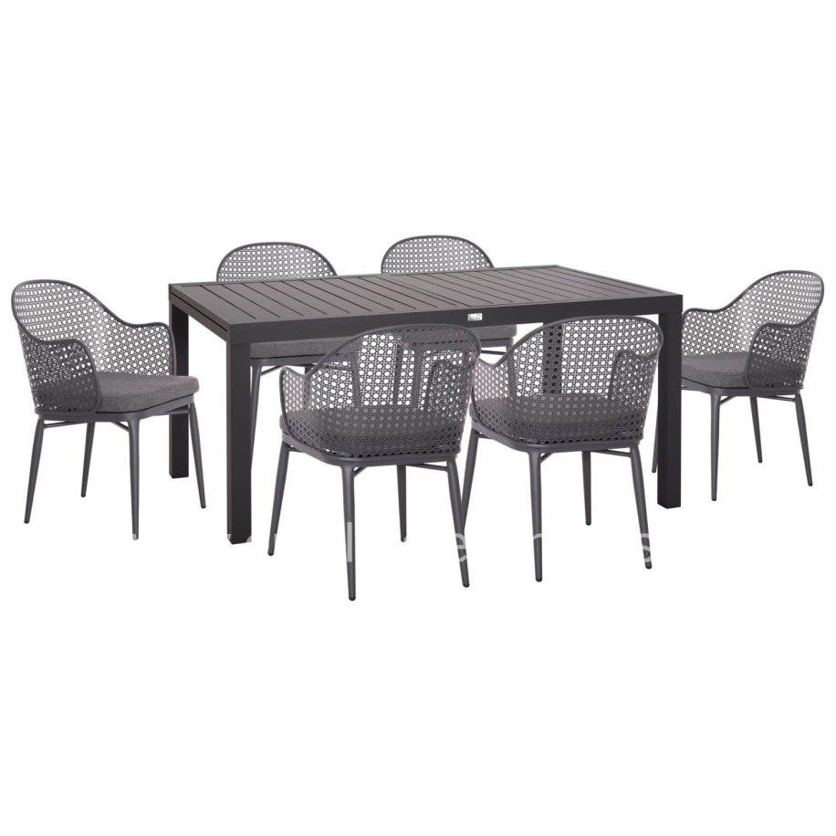 OUTDOOR DINING SET KRUM HM21154 DINING TABLE WITH 6 ARMCHAIRS--DARK GREY ALUMINUM