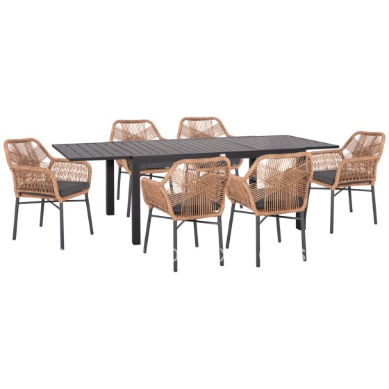 OUTDOOR DINING SET 7PCS KRUM HM21151 DARK GREY ALUMINUM-P.E.TWISTED RATTAN