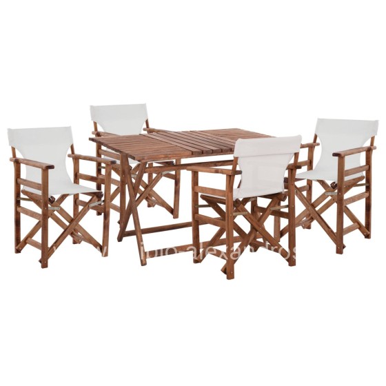 OUTDOOR DIRECTOR'S DINING SET 5PCS LIMNOS HM21135 BEECH WOOD IN WALNUT COLOR--TEXTILENE IN ECRU