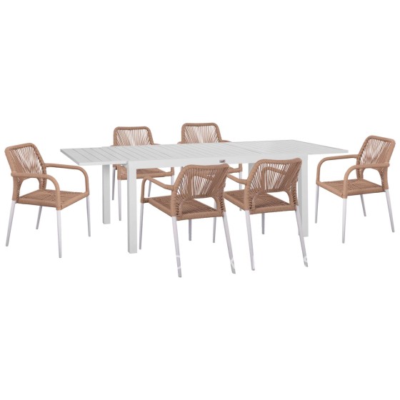 OUTDOOR DINING SET 7PCS KRUM HM21131 WHITE ALUMINUM--P.E.TWISTED RATTAN