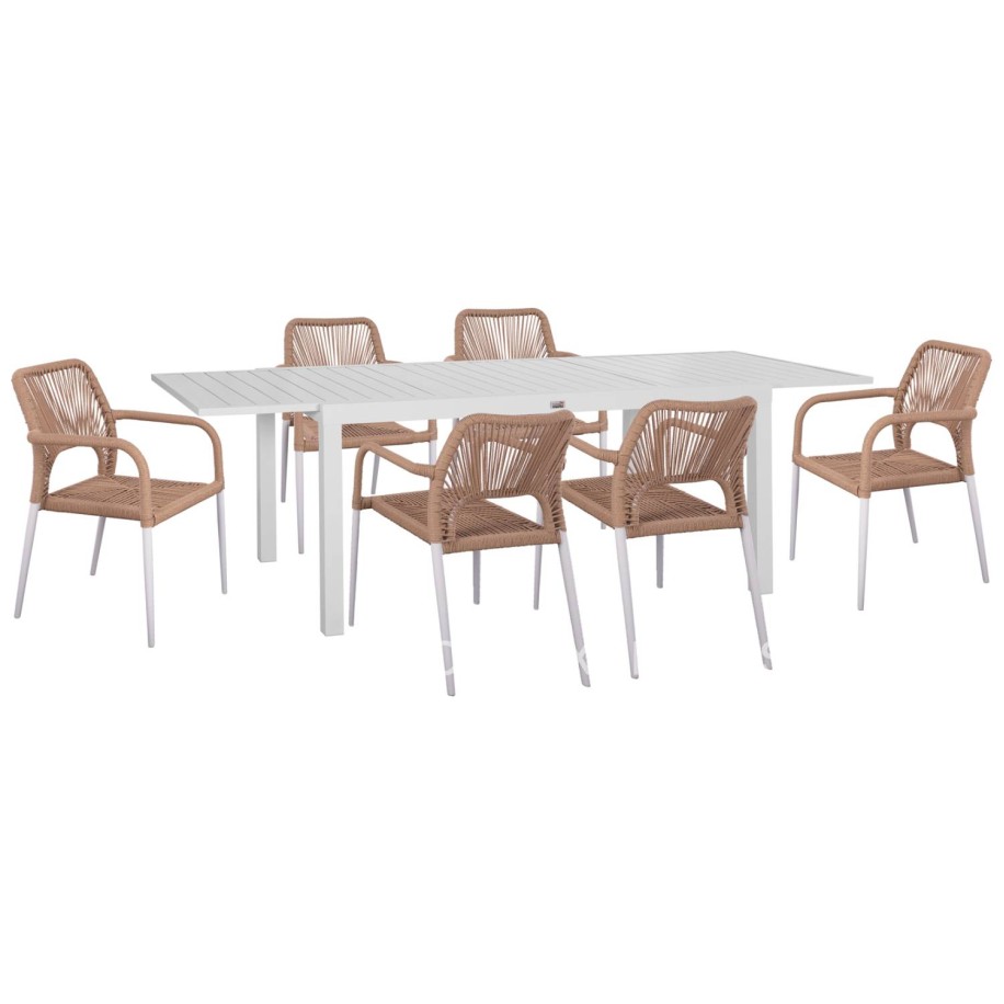 OUTDOOR DINING SET 7PCS KRUM HM21131 WHITE ALUMINUM--P.E.TWISTED RATTAN