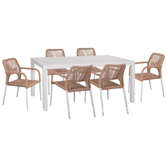 OUTDOOR DINING SET 7PCS KRUM HM21131 WHITE ALUMINUM--P.E.TWISTED RATTAN