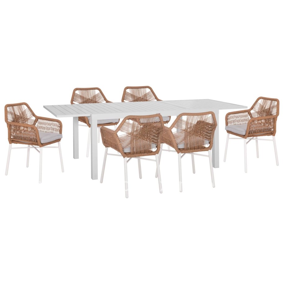 OUTDOOR DINING SET 7PCS KRUM HM21132 WHITE ALUMINUM--P.E.TWISTED RATTAN