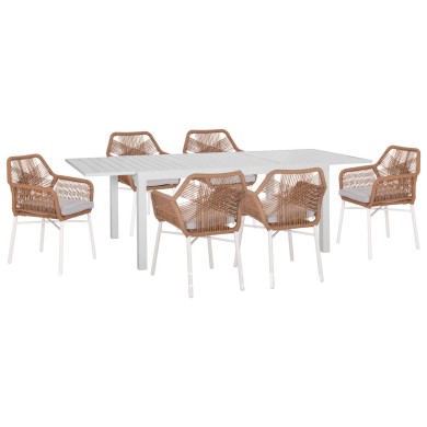 OUTDOOR DINING SET 7PCS KRUM HM21132 WHITE ALUMINUM--P.E.TWISTED RATTAN